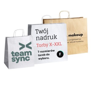 Torba papierowa X-XXL z nadrukiem z uchwytem skręcanym, biała lub kraft. 7 rozmiarów do wyboru